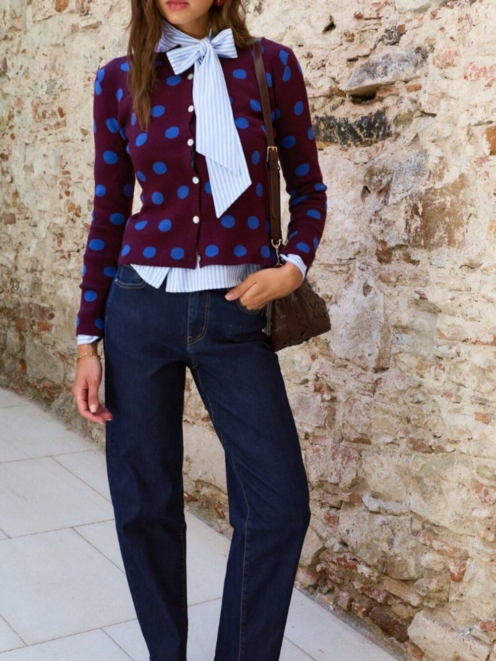 Multicolor Casual Women's Polka Dot Button Front Pocket Knit Cardigan - Picture 3 of 8